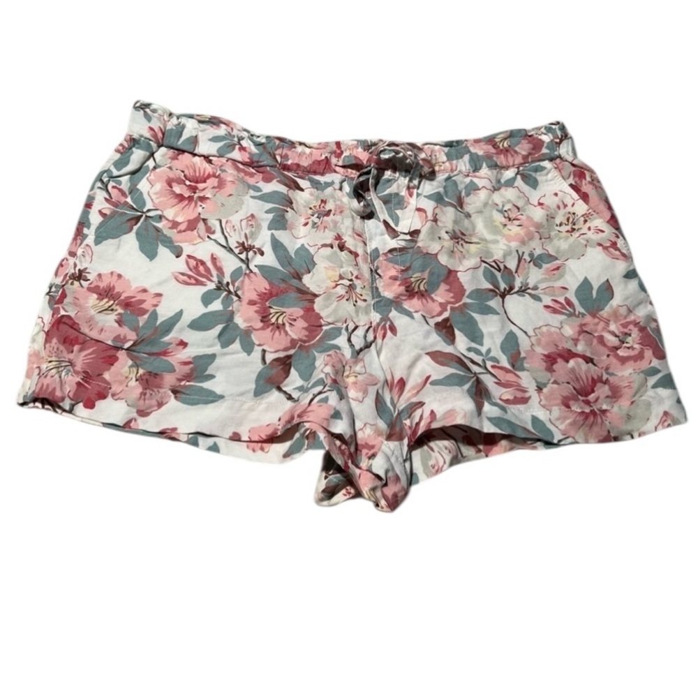 Loft Women's Size XL Shorts White Pink Turquoise Floral Tie Waist Linen Blend